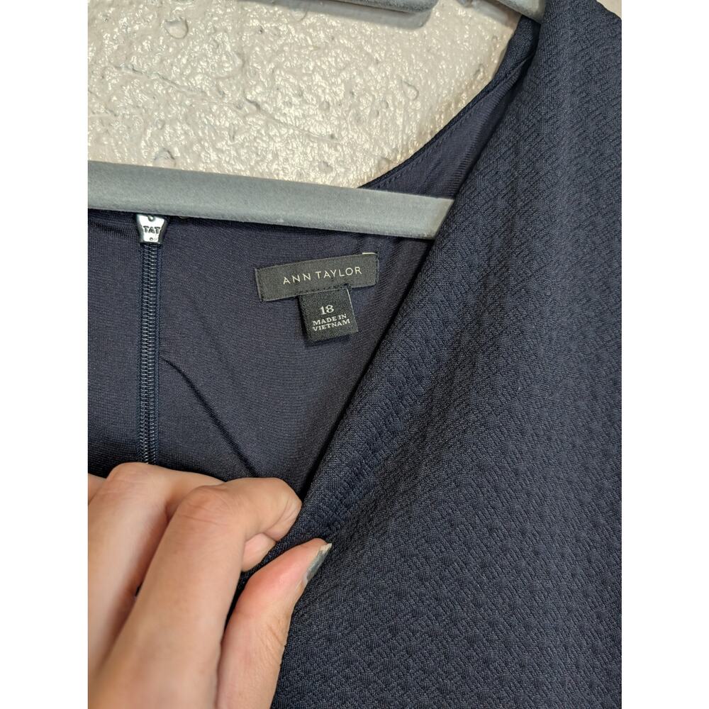 Ann Taylor Navy Blue Textured Fit & Flare V Neck Dress - Picture 4 of 6